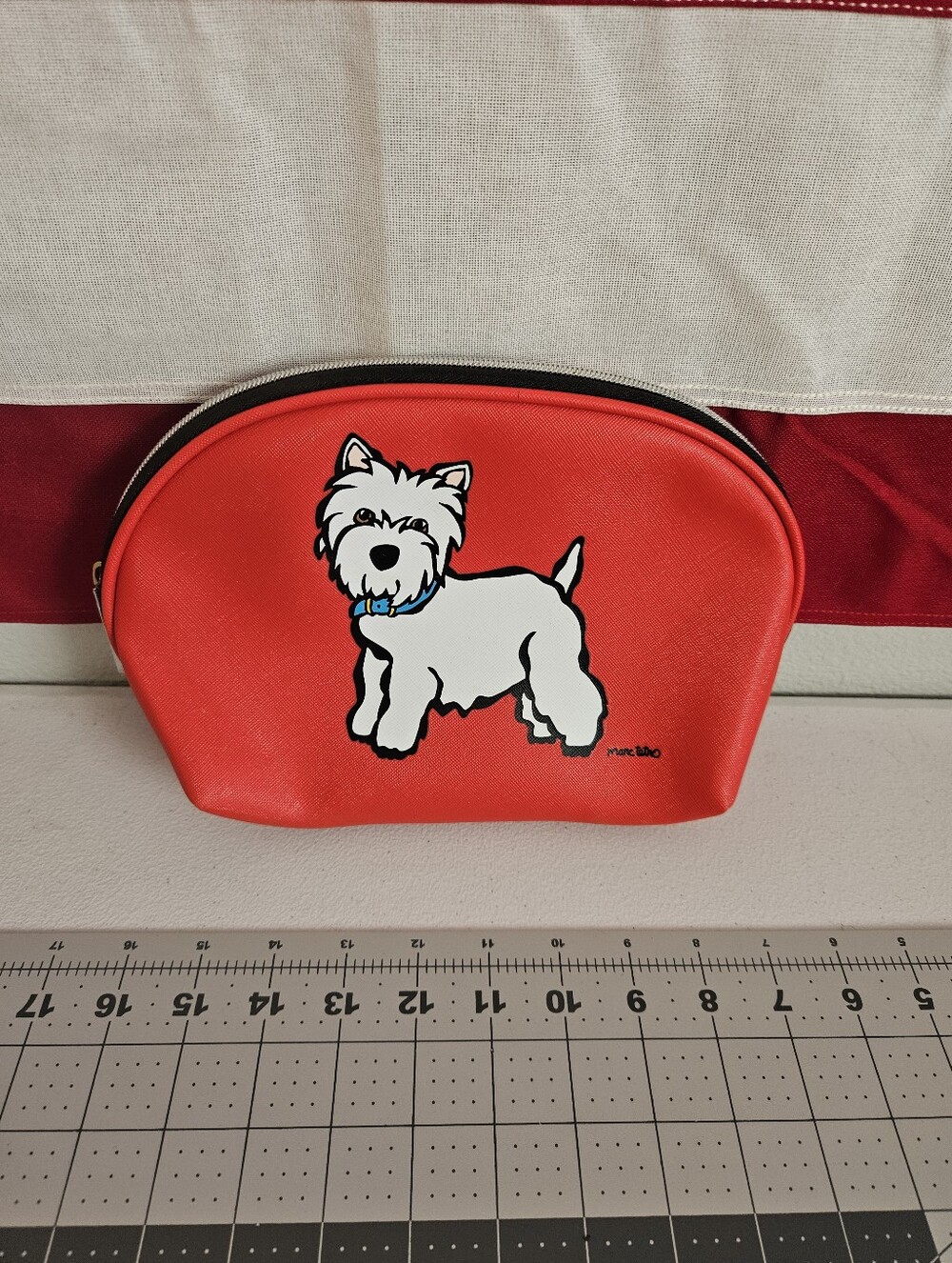 Marc Tetro cosmetic bag Red w terrier pup Stripes Dog